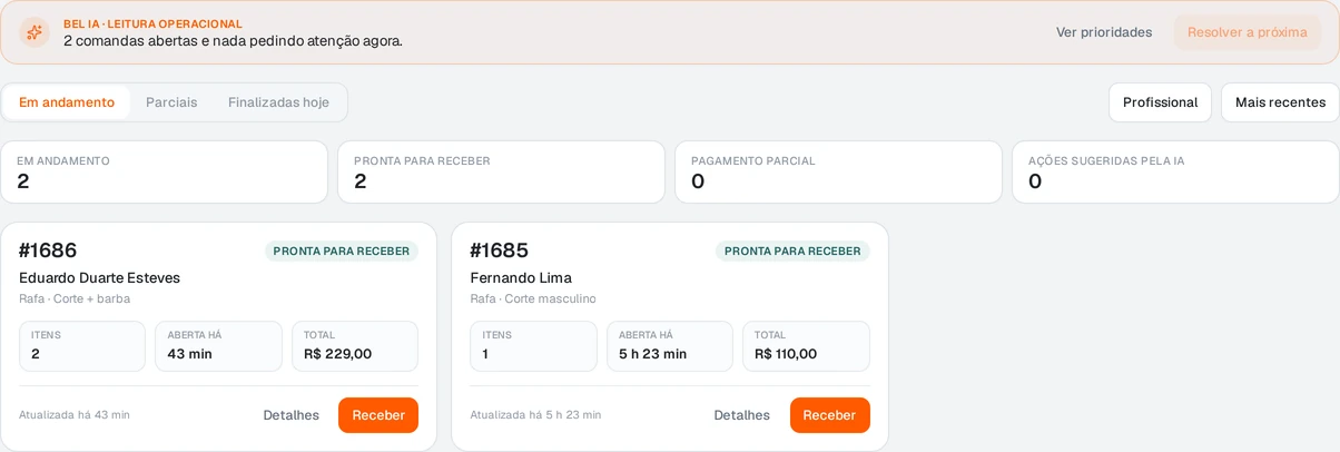Comandas abertas na BEL, com estado, tempo em aberto, total e ação de receber