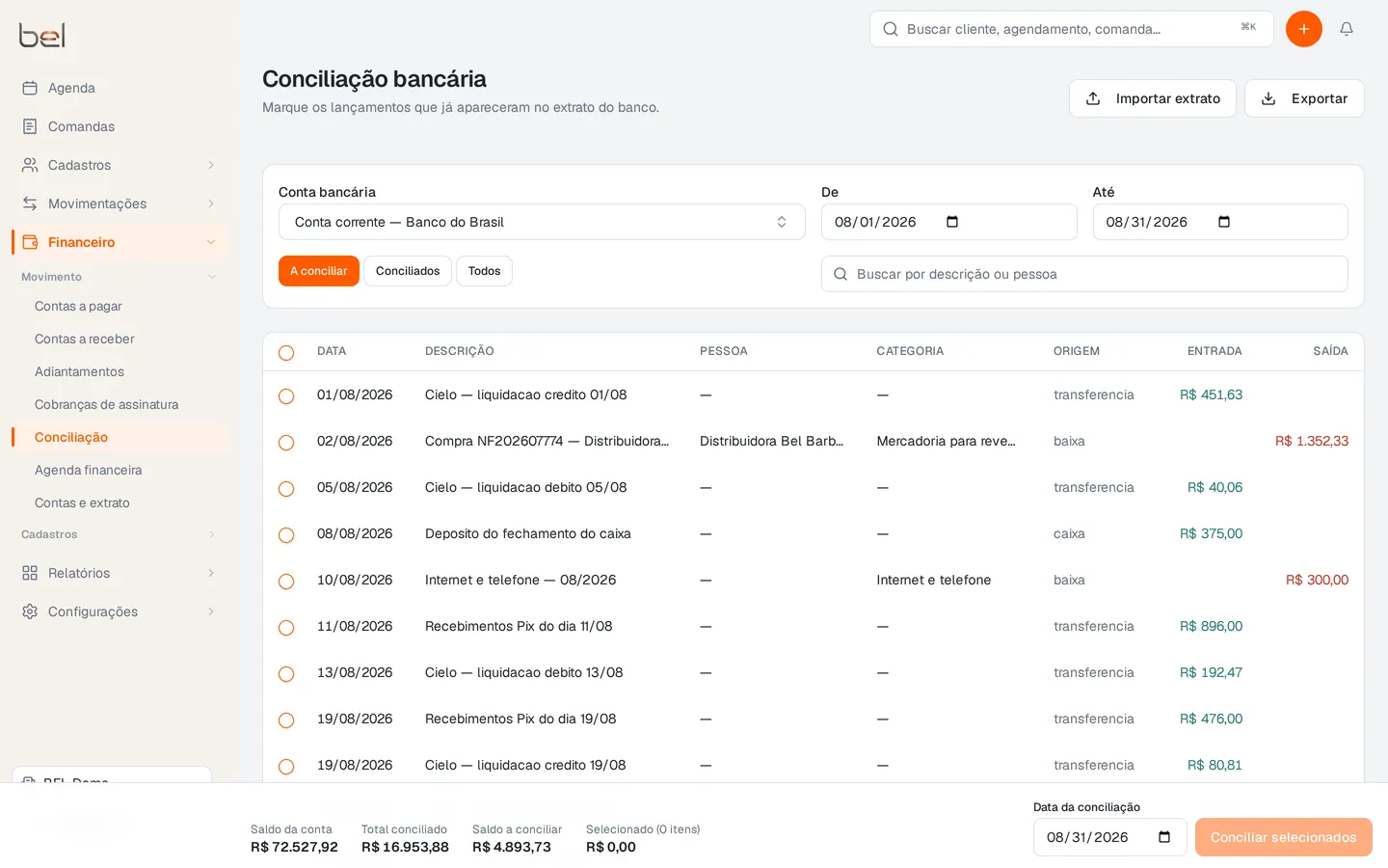 Conciliação bancária da BEL